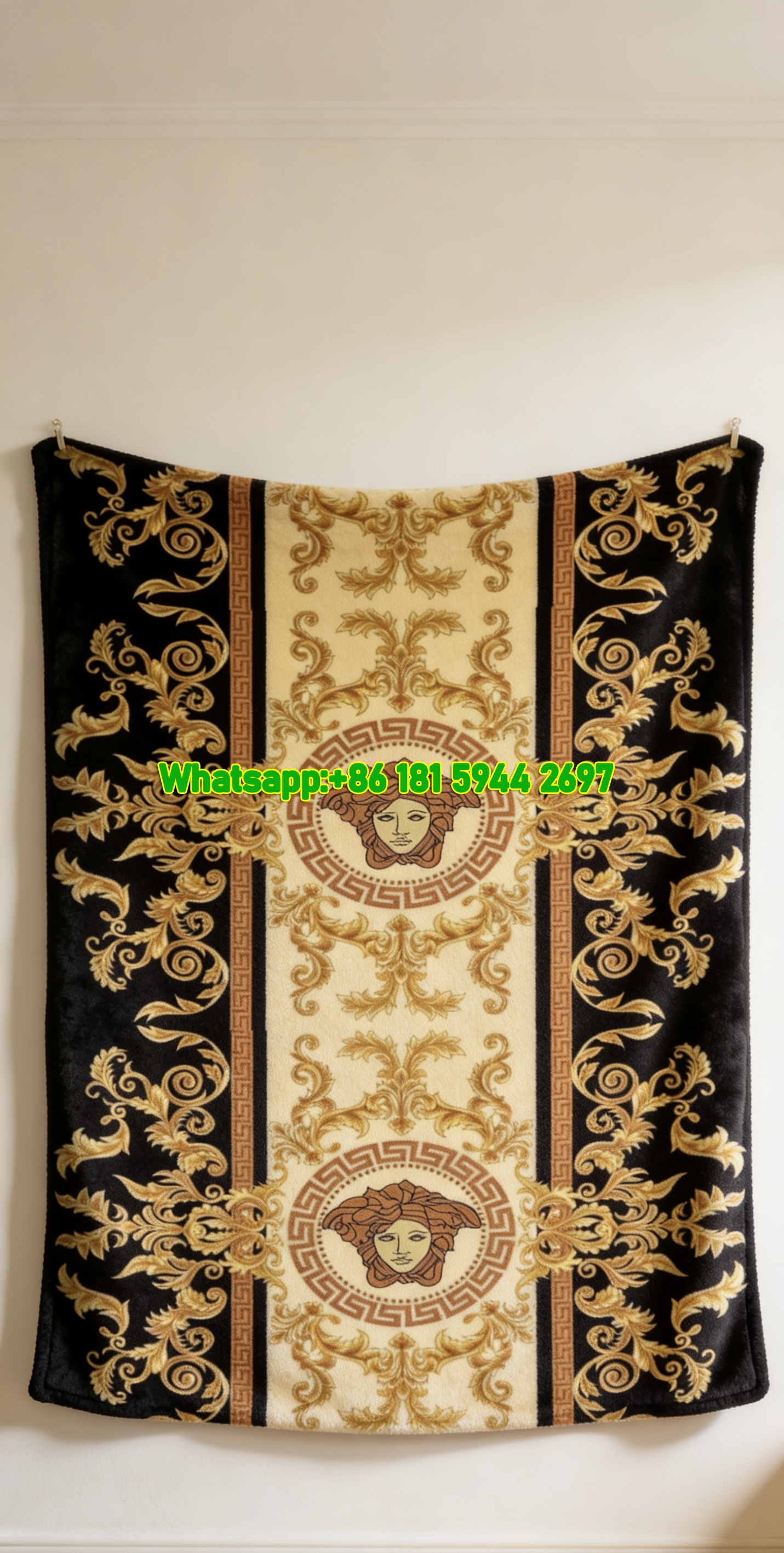 Versace Black and Gold Baroque Medusa Print Flannel Throw Blanket IMG_1469